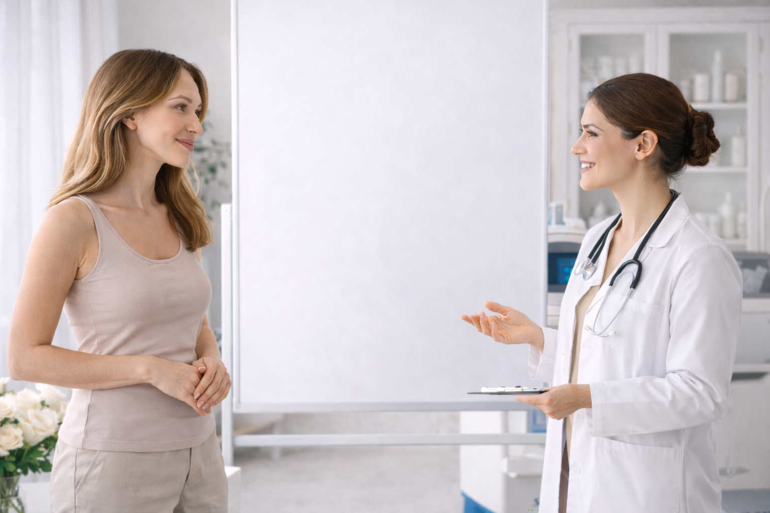 A person standing in front of a mirror, gently touching their waist with a thoughtful expression.